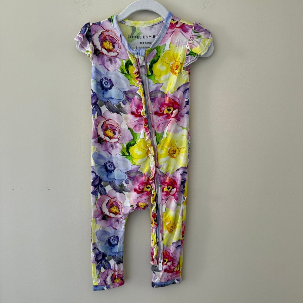 Little Bum Bums Floral Bamboo Ruffle Romper 12-18 Months Watercolor